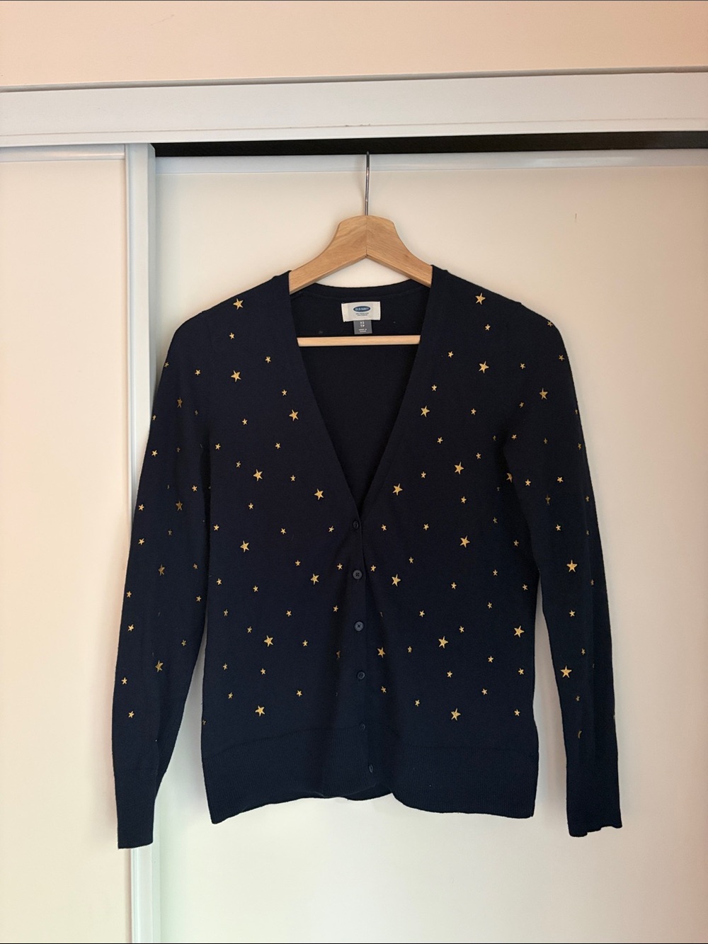Whimsical Navy Cardigan with Embroidered Gold Stars